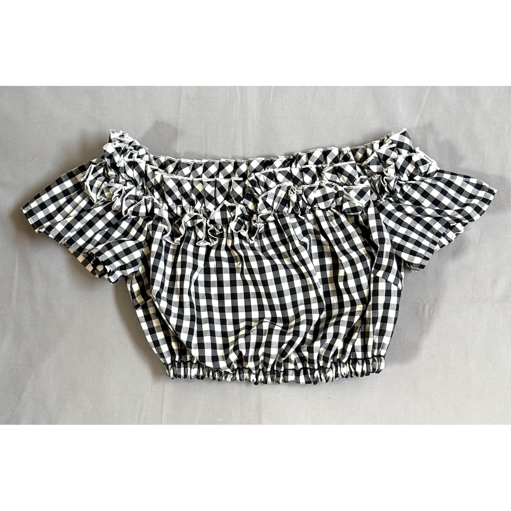 Vineyard Vines Womens Black White Gingham Off The Shoulder Ruffle Crop Top S